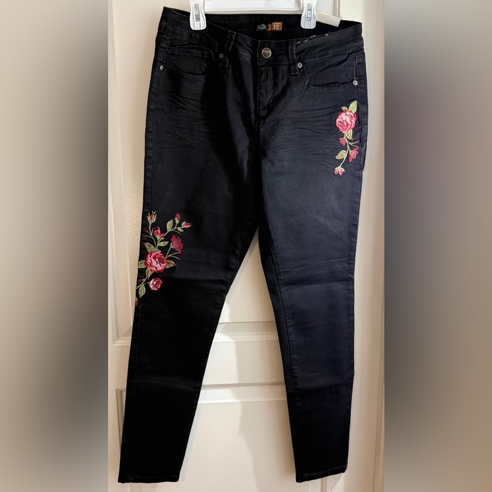 Royalty For Me Black Skinny Jeans with Pink Floral Design